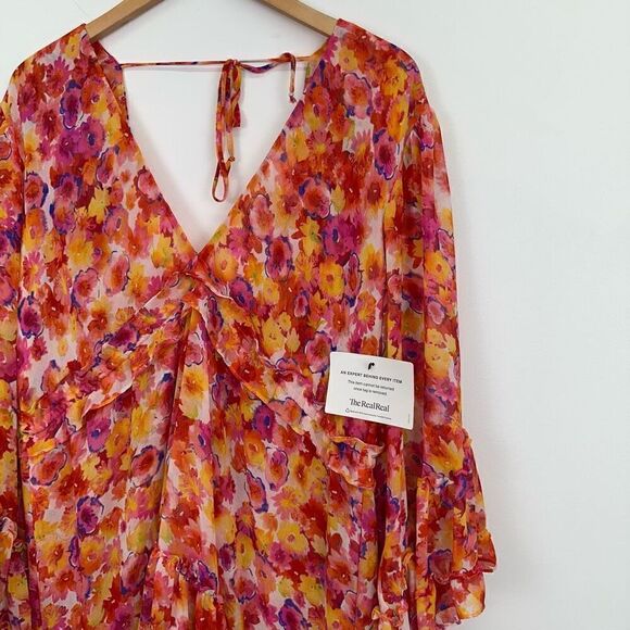 MISA Los Angeles Yasemin Bright Pink Orange Yellow Floral Chiffon Bell Sleeve Mi - Picture 7 of 16
